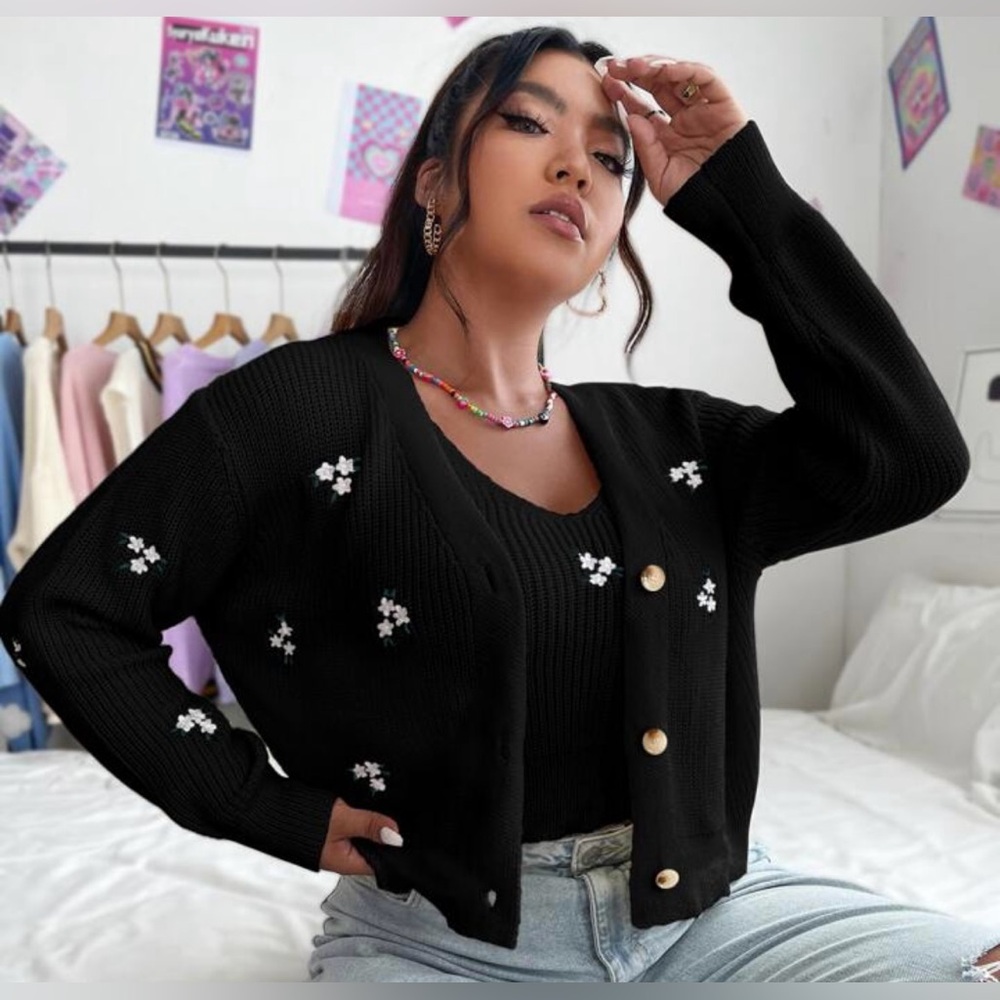 NEW 3 XL SHEIN Qutie Plus Floral Embroidery Cardigan & Knit Top
